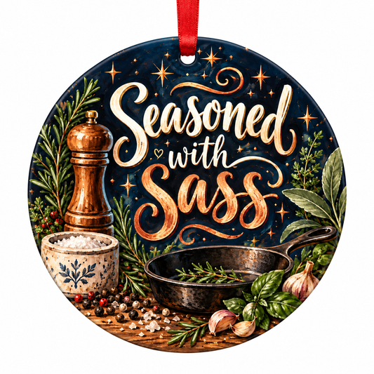 Seasoned with Sass Funny Cooking Christmas Ornament with red hanging ribbon