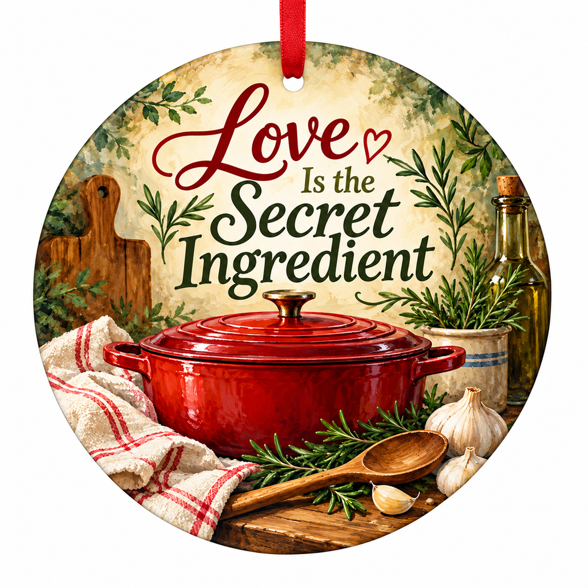 Love Is the Secret Ingredient Cooking Christmas Ornament with red hanging ribbon