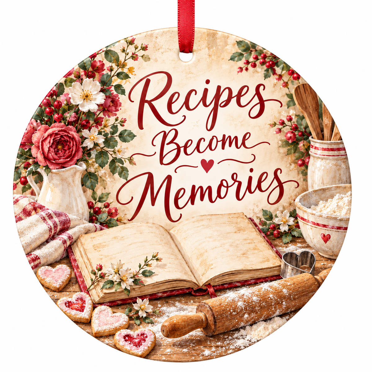 Recipes Become Memories Baking Christmas Ornament with red hanging ribbon
