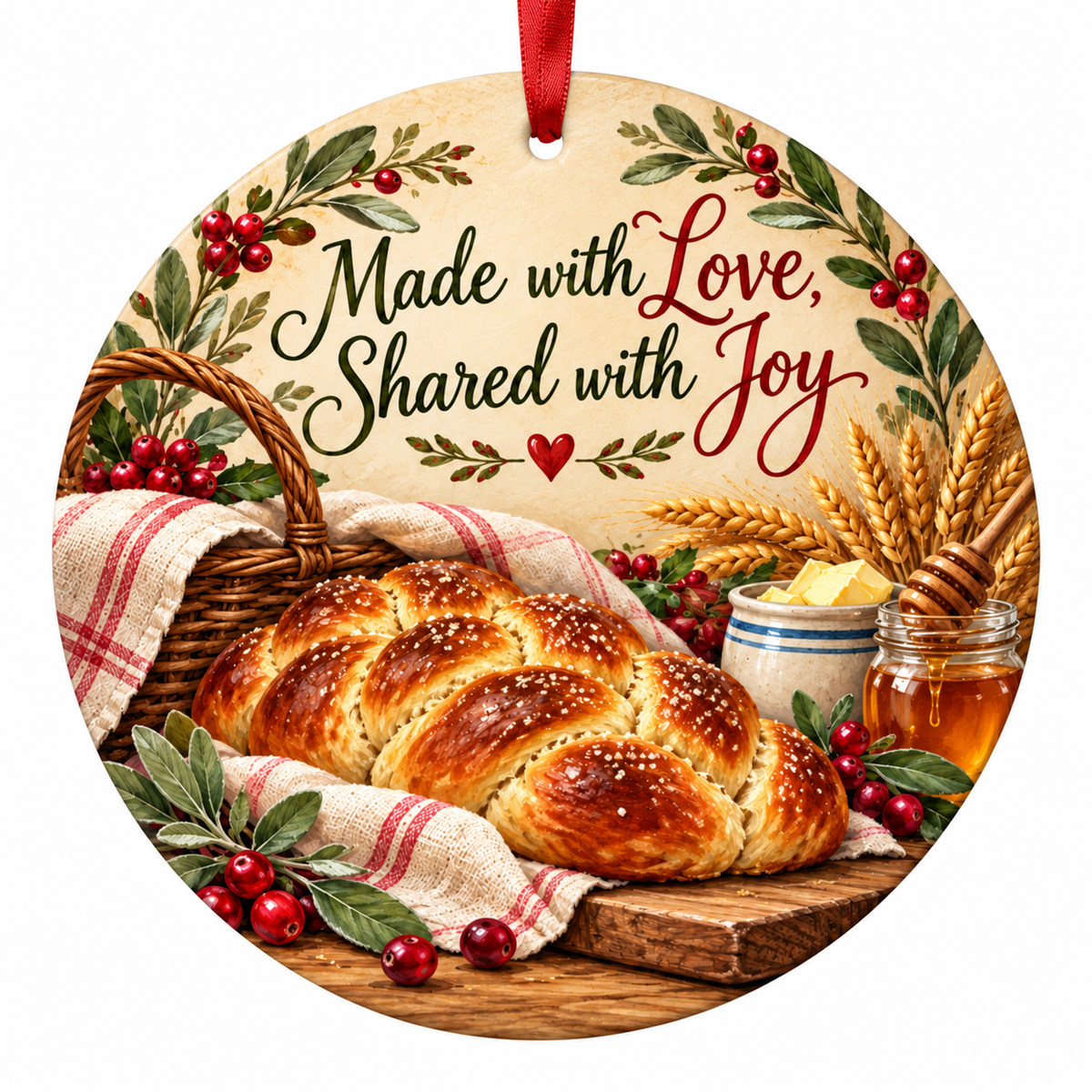 Made with Love Shared with Joy Bread Baking Christmas Ornament with red hanging ribbon