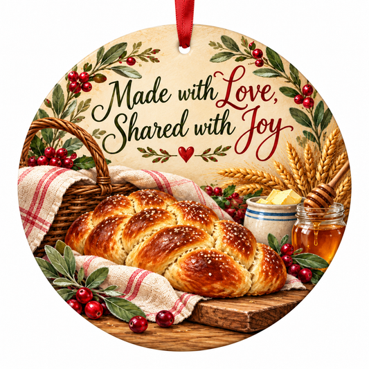Made with Love Shared with Joy Bread Baking Christmas Ornament with red hanging ribbon