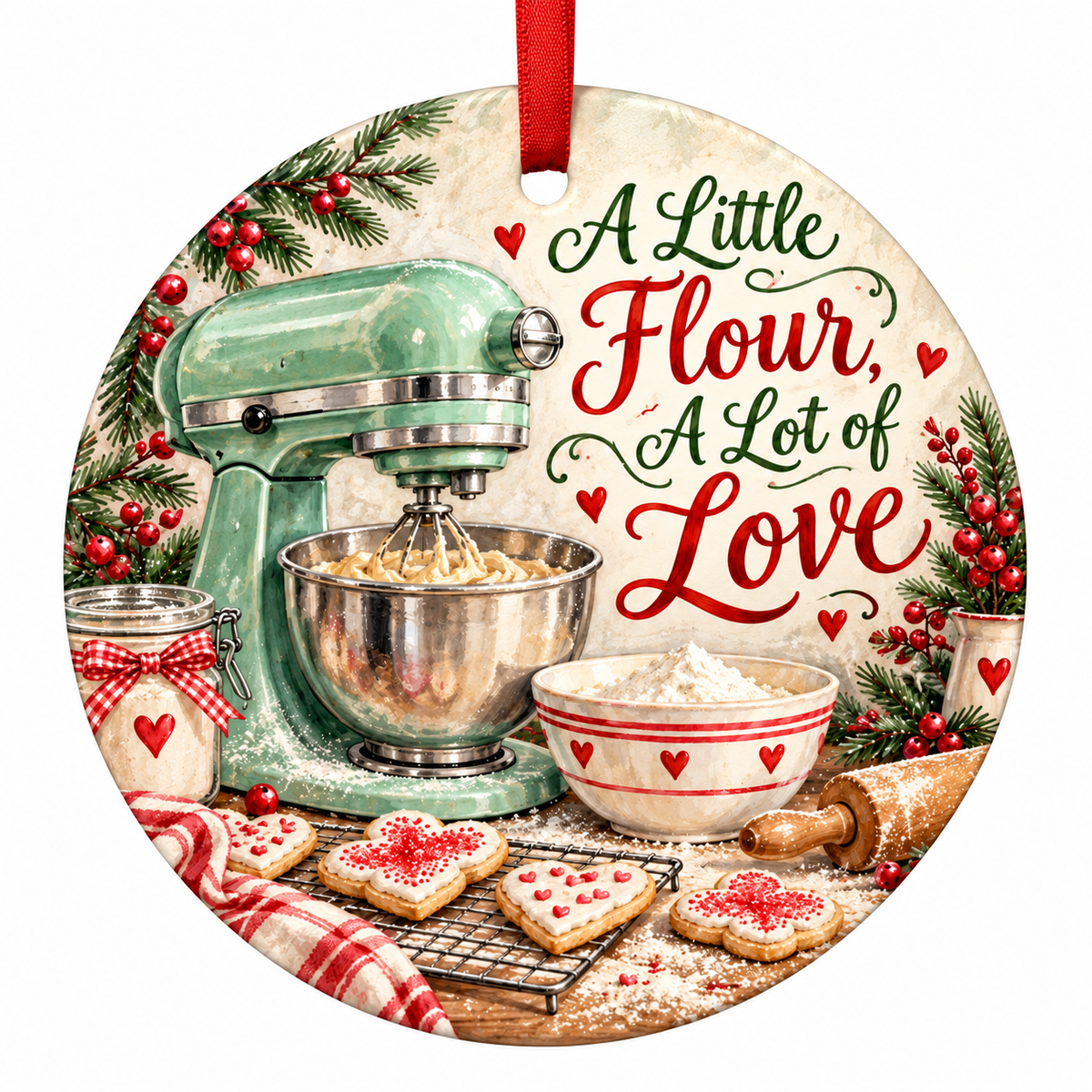 A Little Flour A Lot of Love Mixer Christmas Ornament with red hanging ribbon