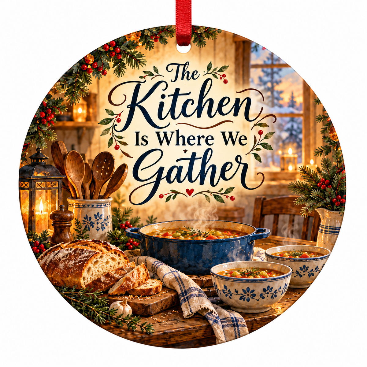 The Kitchen Is Where We Gather Christmas Ornament with red hanging ribbon