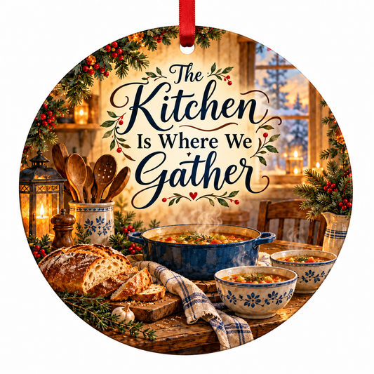 The Kitchen Is Where We Gather Christmas Ornament with red hanging ribbon