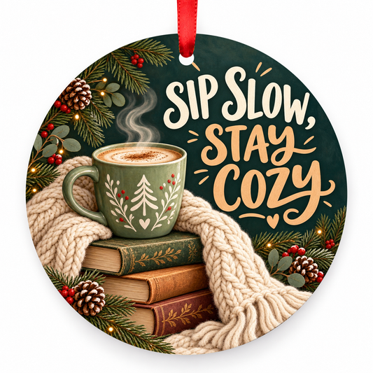 Sip Slow Stay Cozy coffee Christmas ornament