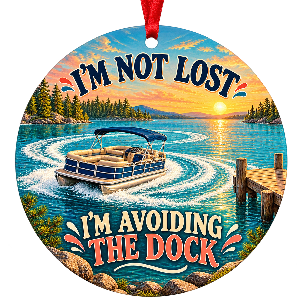 A blue pontoon boat circles a turquoise lake beside a wooden dock at sunset. Round ornament with red hanging ribbon.
