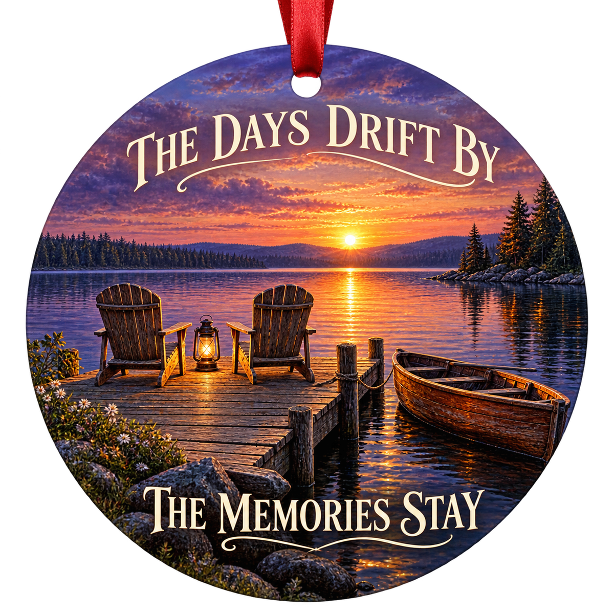 Two Adirondack chairs and a lantern overlook a sunset lake, with a wooden rowboat beside the dock. Round ornament with red hanging ribbon.