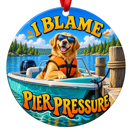A golden retriever in sunglasses and an orange life jacket sits in a turquoise boat beside a pier. Round ornament with red hanging ribbon.