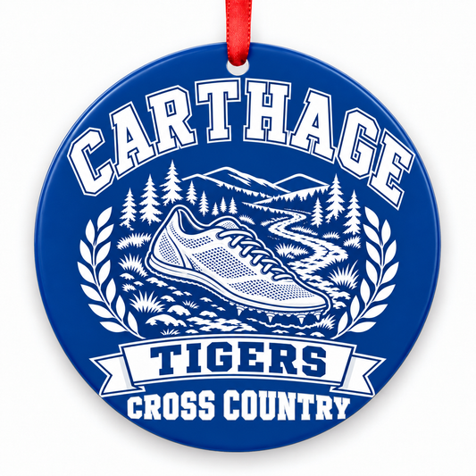 Carthage High School Tigers Cross Country Christmas ornament — Design 1 — royal blue and white with red ribbon