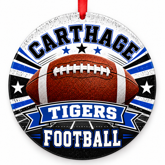 Carthage High School Tigers Classic Football Christmas ornament in royal blue and white with red ribbon