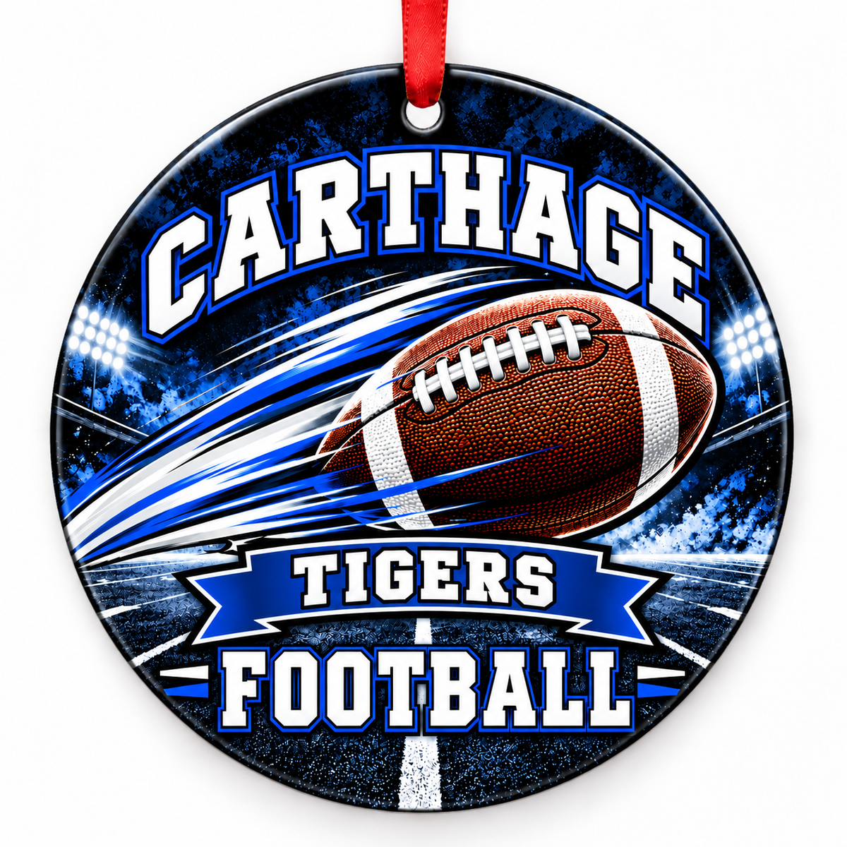 Carthage High School Tigers Football Christmas ornament — Football in Motion — royal blue and white with red ribbon