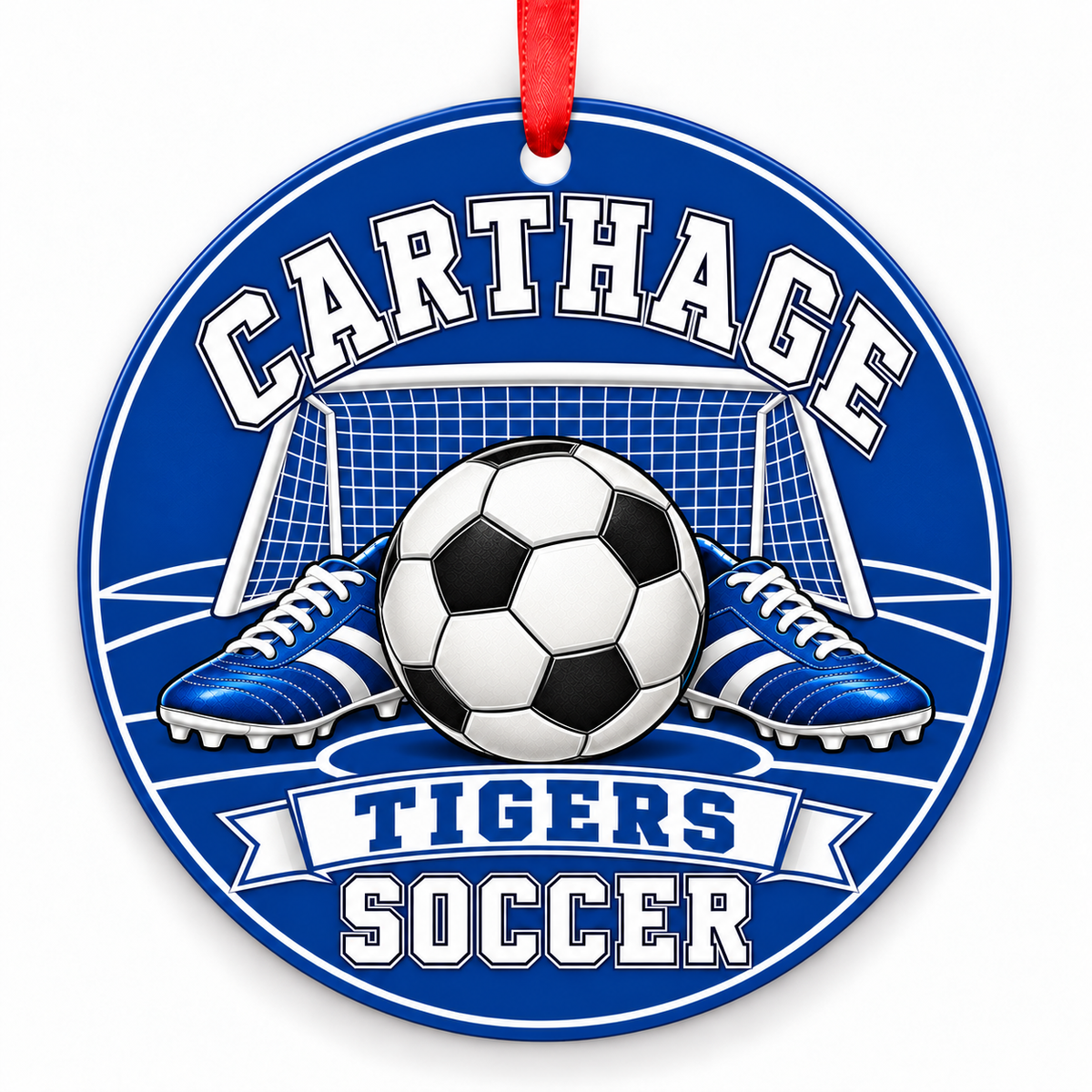 Carthage High School Tigers Soccer Christmas ornament — Original Design — royal blue and white with red ribbon