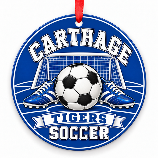 Carthage High School Tigers Soccer Christmas ornament — Original Design — royal blue and white with red ribbon
