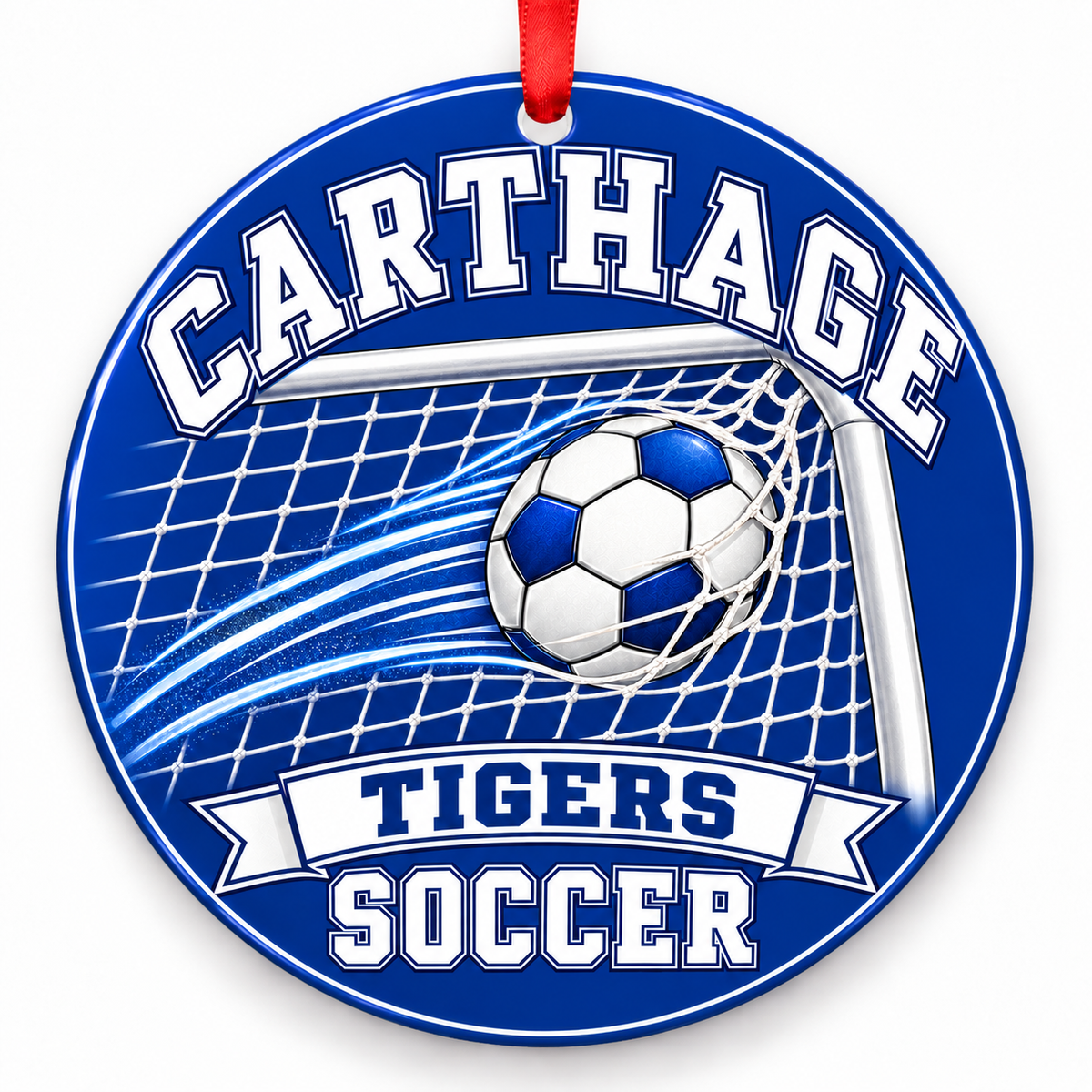 Carthage High School Tigers Soccer Christmas ornament — Ball and Goal — royal blue and white with red ribbon