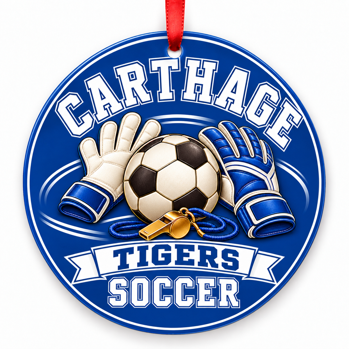 Carthage High School Tigers Soccer Christmas ornament — Goalkeeper Gear — royal blue and white with red ribbon