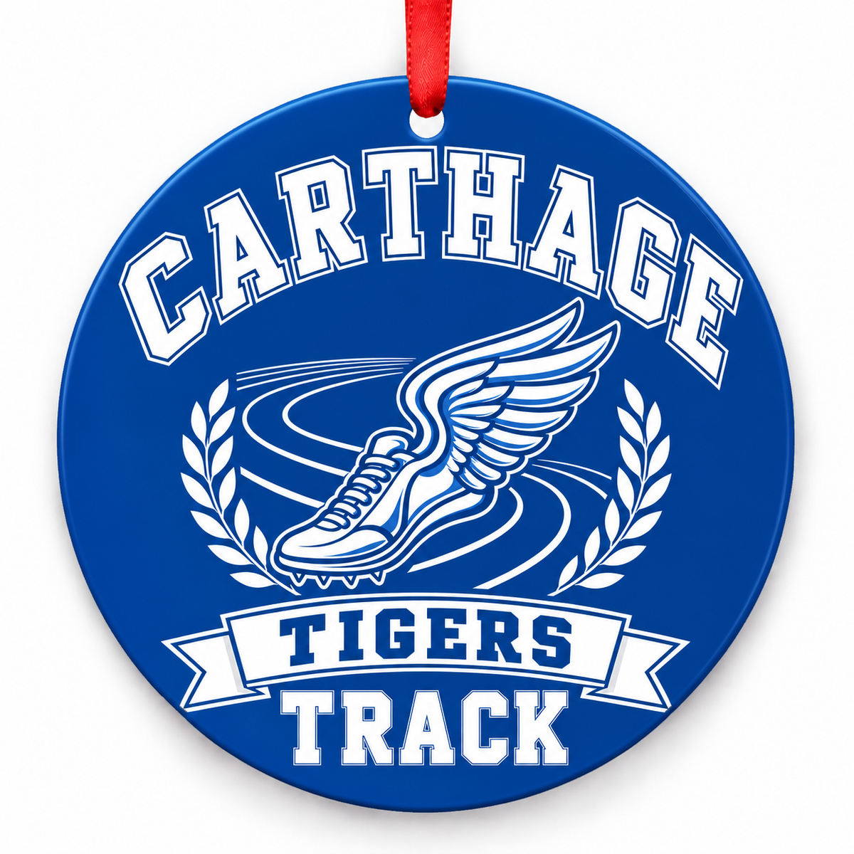 Carthage High School Tigers Track Christmas ornament — Original Design — royal blue and white with red ribbon
