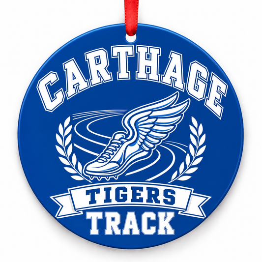 Carthage High School Tigers Track Christmas ornament — Original Design — royal blue and white with red ribbon
