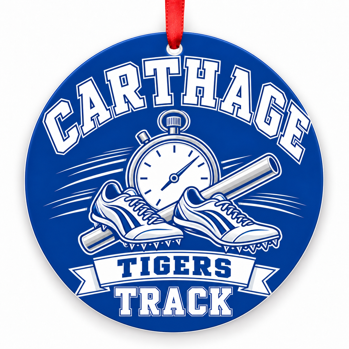 Carthage High School Tigers Track Christmas ornament — Stopwatch and Spikes — royal blue and white with red ribbon