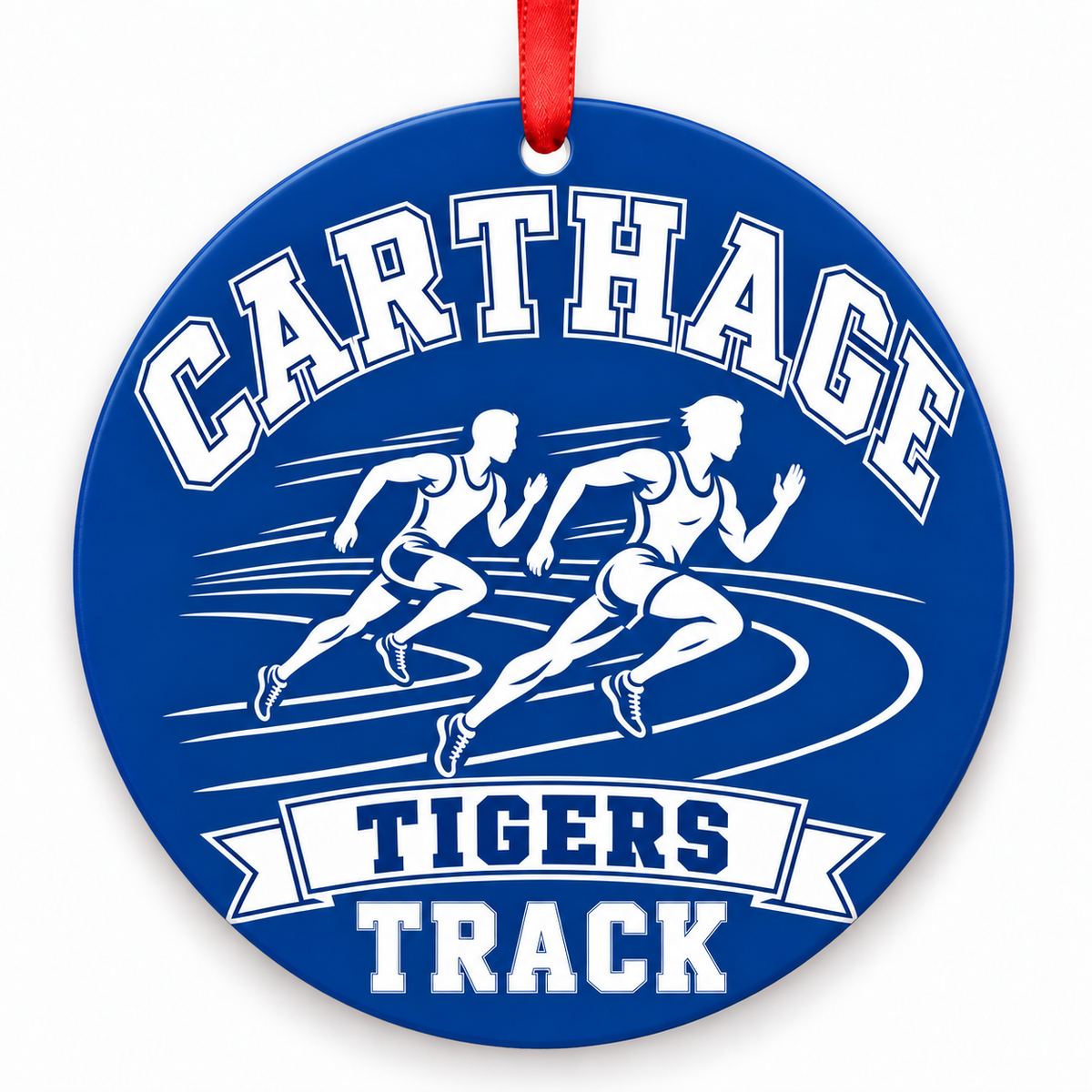Carthage High School Tigers Track Christmas ornament — Runners — royal blue and white with red ribbon
