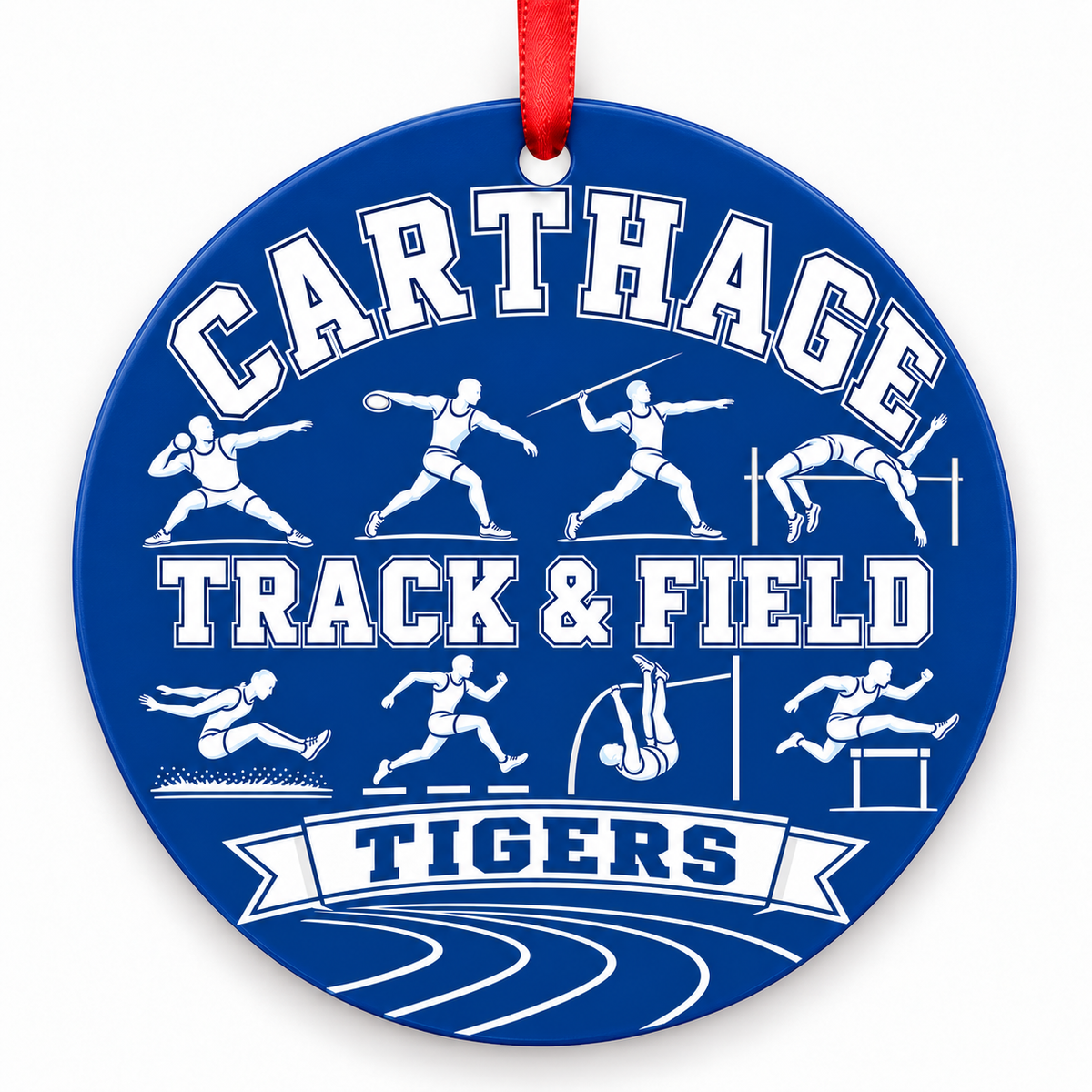 Carthage High School Tigers Track Christmas ornament — Track and Field — royal blue and white with red ribbon