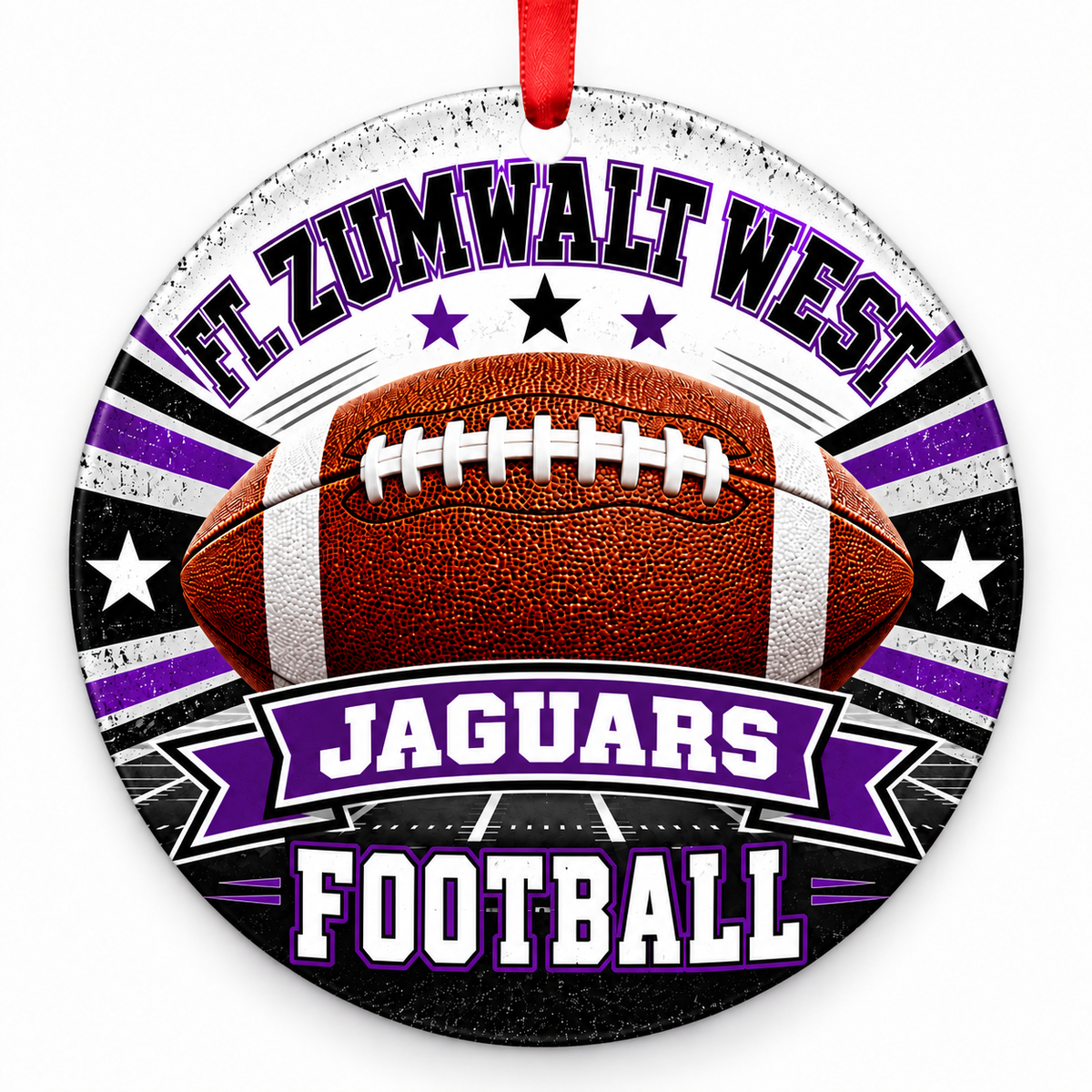 Ft. Zumwalt West High School Jaguars Classic Football Christmas ornament in purple, silver and black with red ribbon