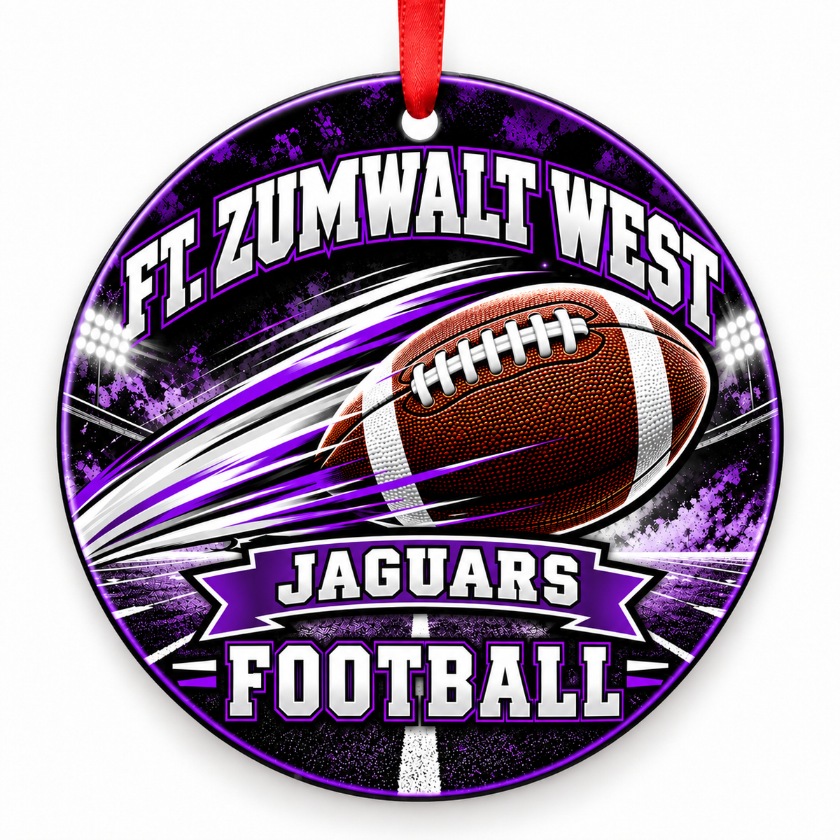 Ft. Zumwalt West High School Jaguars Football Christmas ornament — Football in Motion — purple, silver and black with red ribbon