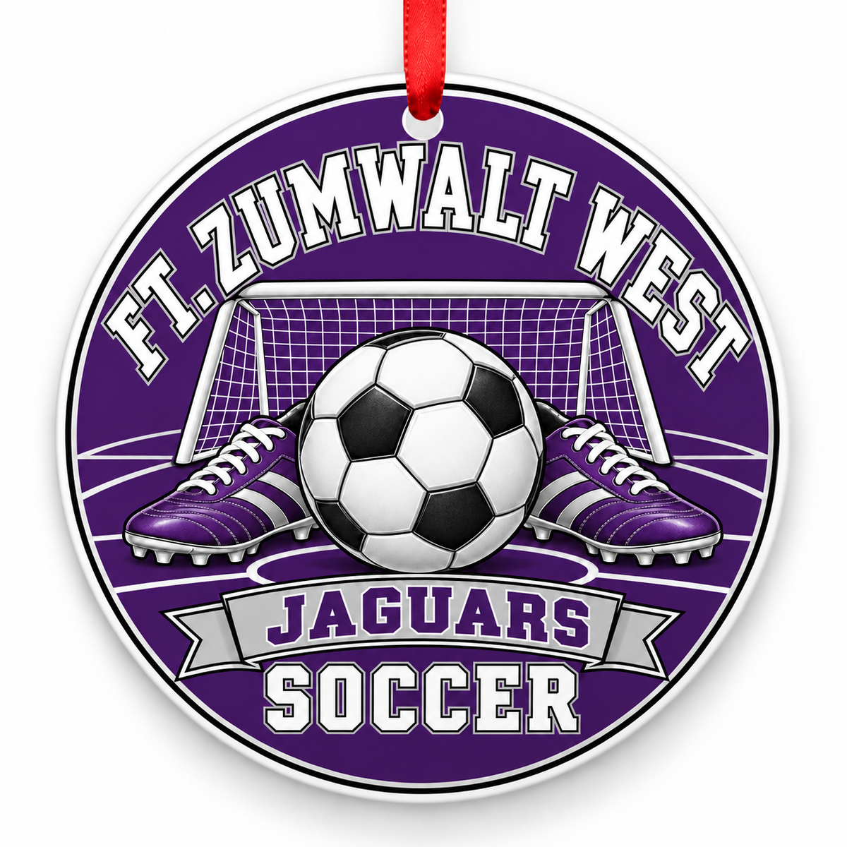 Ft. Zumwalt West High School Jaguars Soccer Christmas ornament — Original Design — purple, silver and black with red ribbon