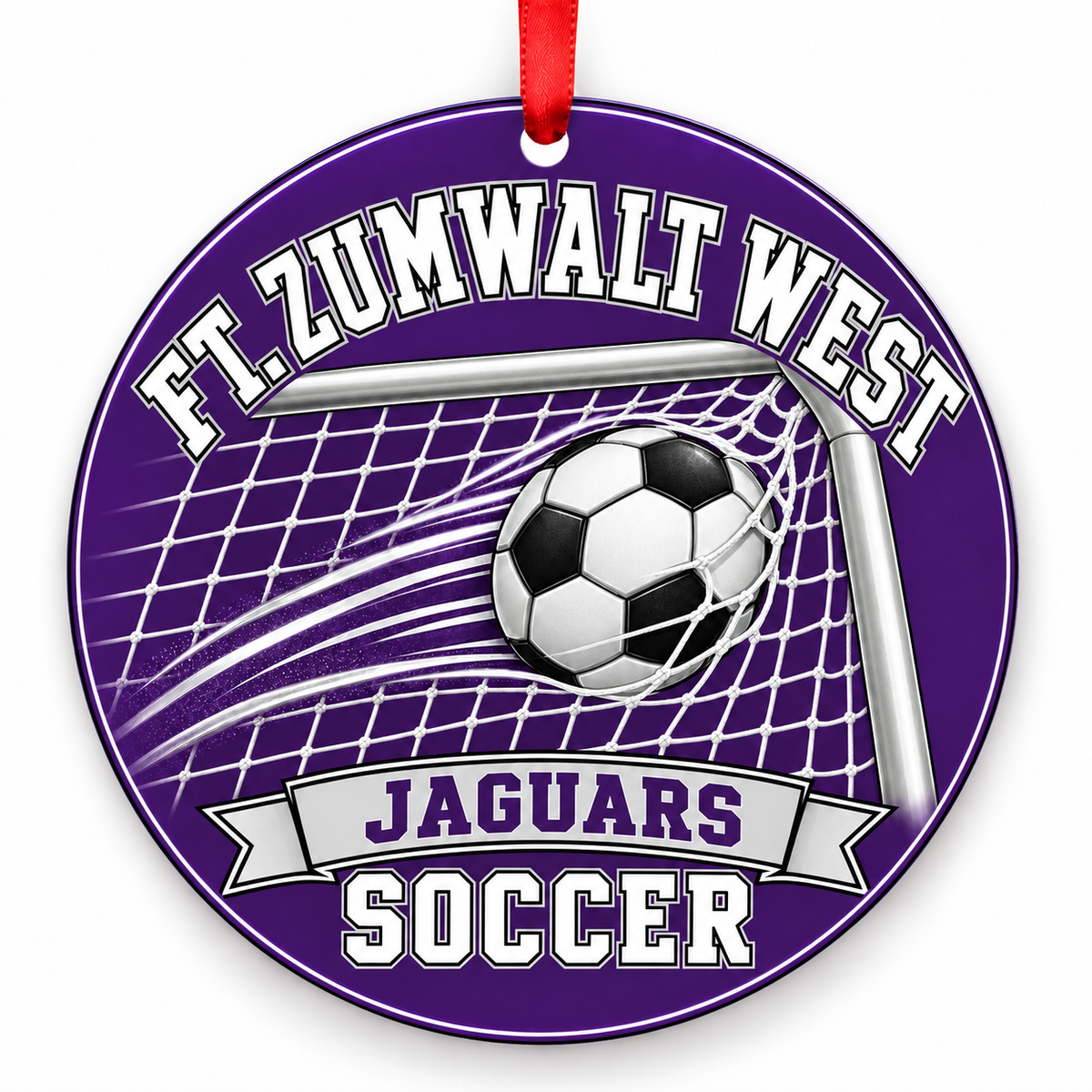 Ft. Zumwalt West High School Jaguars Soccer Christmas ornament — Ball and Goal — purple, silver and black with red ribbon