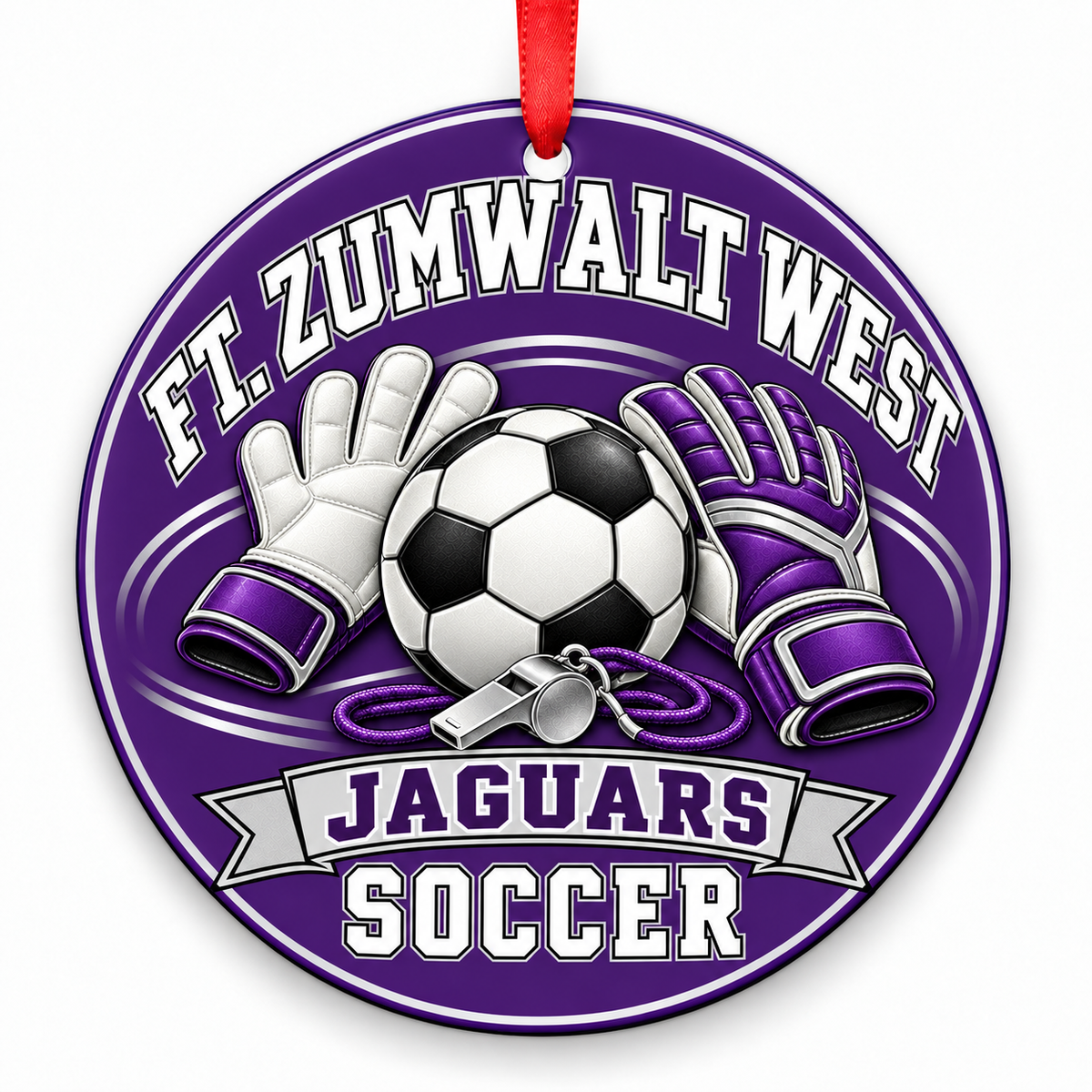 Ft. Zumwalt West High School Jaguars Soccer Christmas ornament — Goalkeeper Gear — purple, silver and black with red ribbon