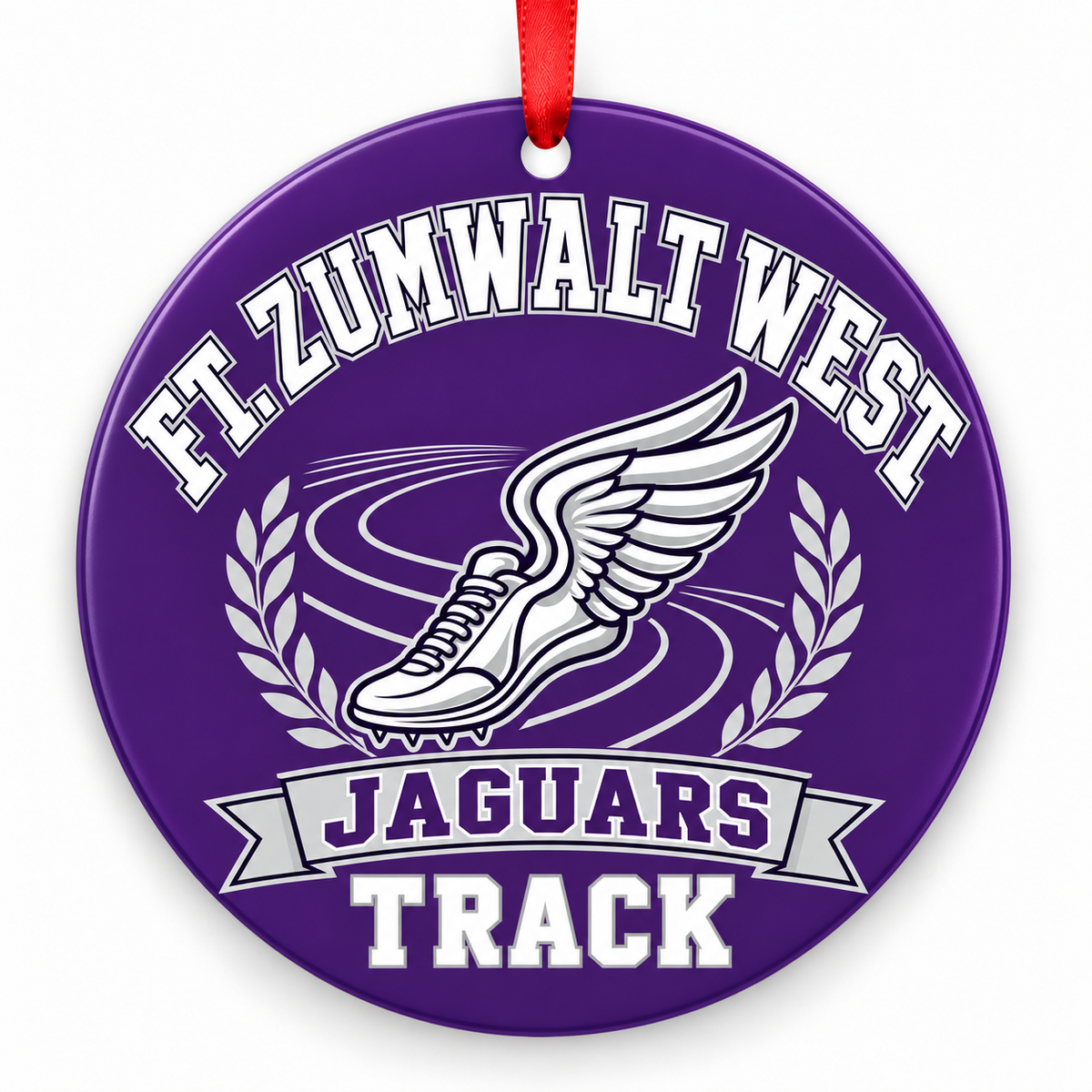 Ft. Zumwalt West High School Jaguars Track Christmas ornament — Original Design — purple, silver and black with red ribbon