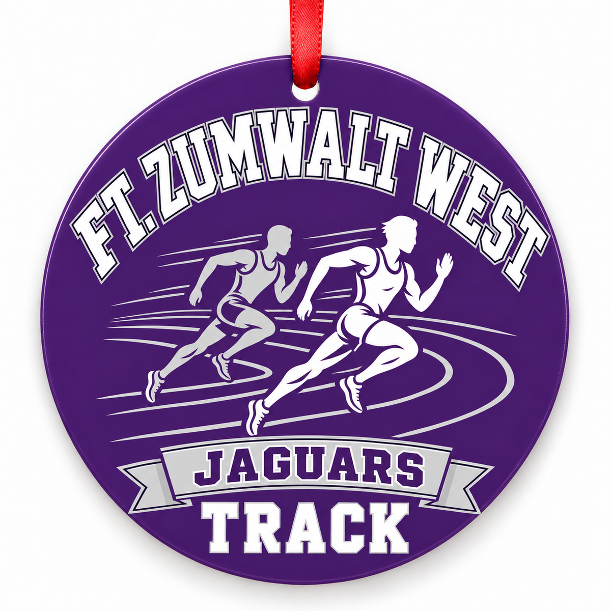 Ft. Zumwalt West High School Jaguars Track Christmas ornament — Runners — purple, silver and black with red ribbon