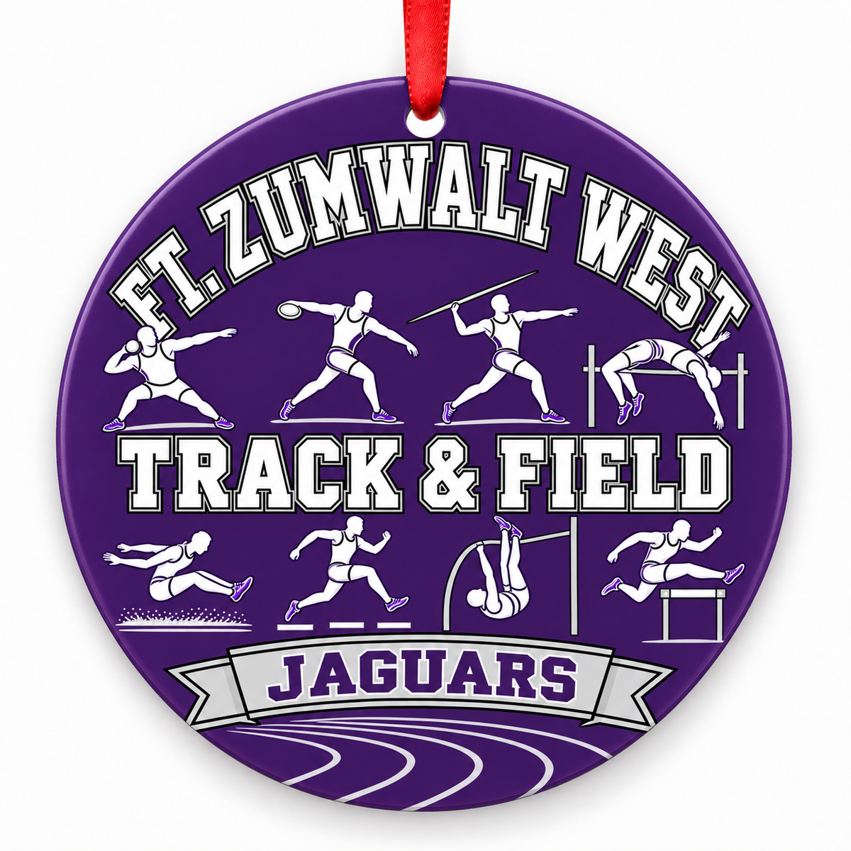 Ft. Zumwalt West High School Jaguars Track Christmas ornament — Track and Field — purple, silver and black with red ribbon