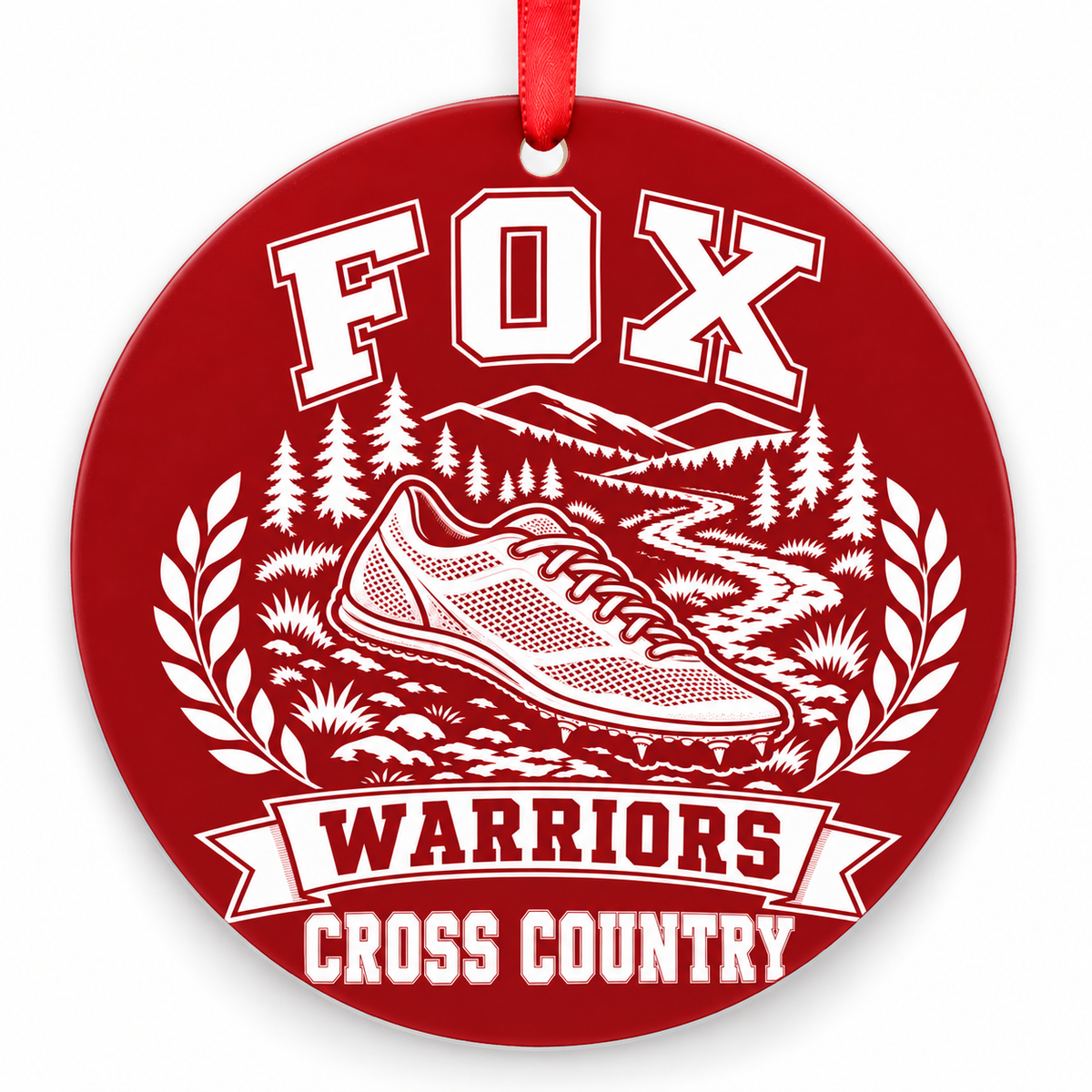 Fox High School Warriors Cross Country Christmas ornament — Design 1 — red and white with red ribbon