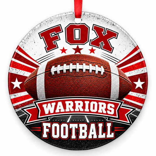 Fox High School Warriors Classic Football Christmas ornament in red and white with red ribbon