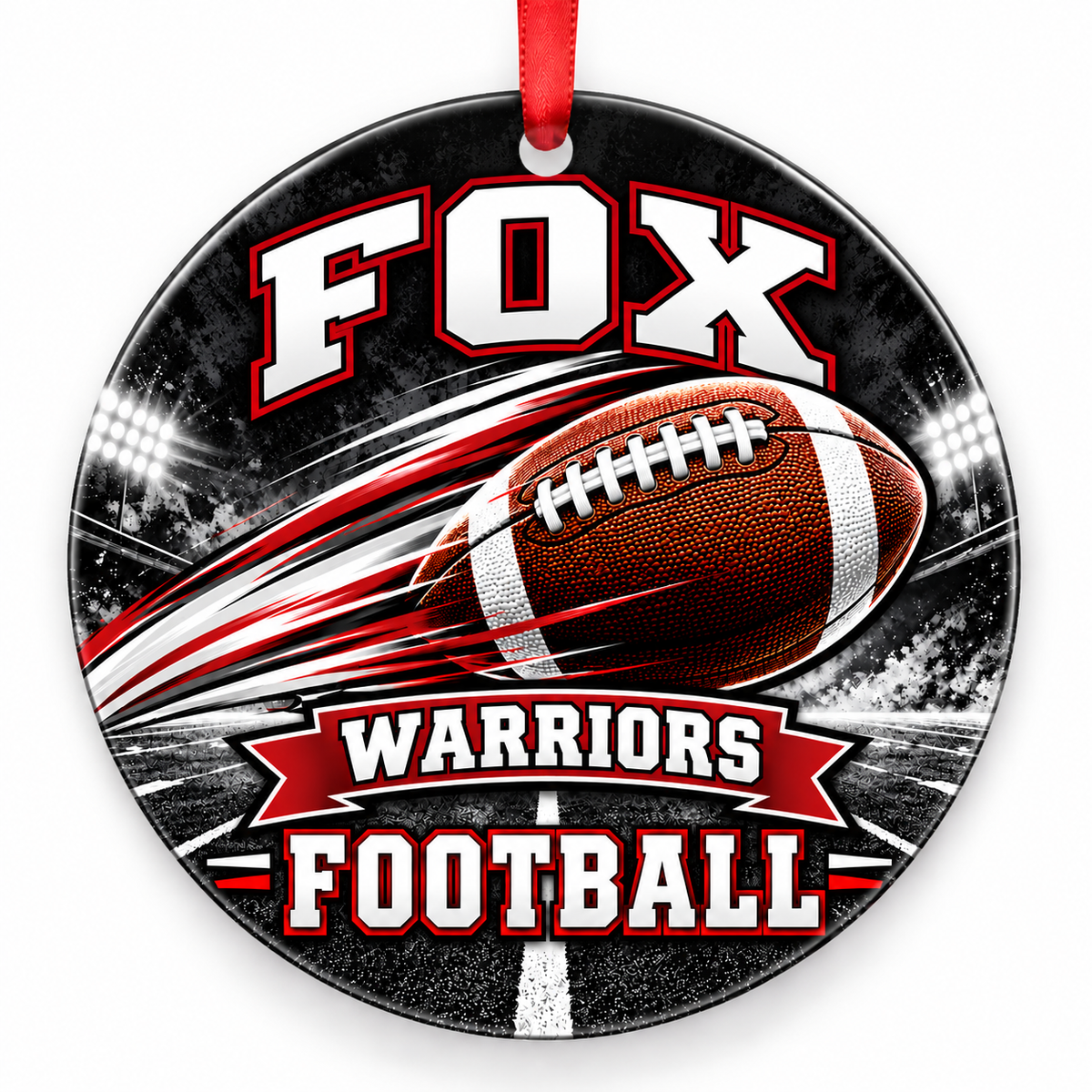 Fox High School Warriors Football Christmas ornament — Football in Motion — red and white with red ribbon