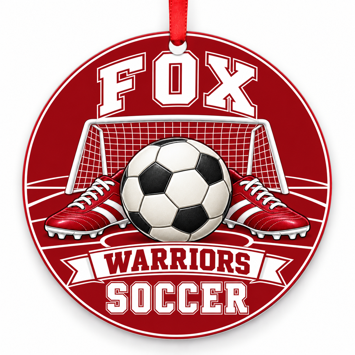 Fox High School Warriors Soccer Christmas ornament — Original Design — red and white with red ribbon
