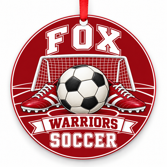 Fox High School Warriors Soccer Christmas ornament — Original Design — red and white with red ribbon