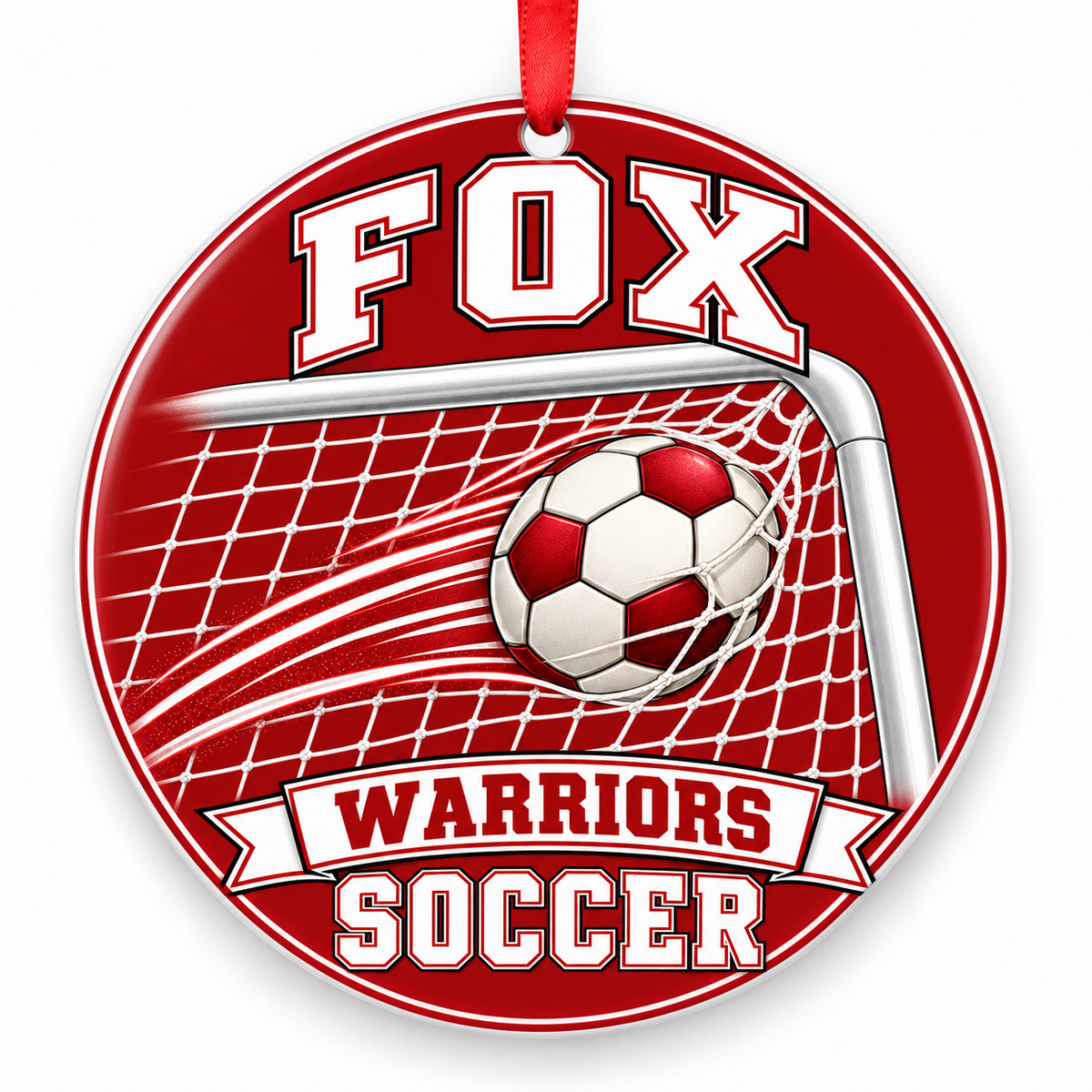 Fox High School Warriors Soccer Christmas ornament — Ball and Goal — red and white with red ribbon