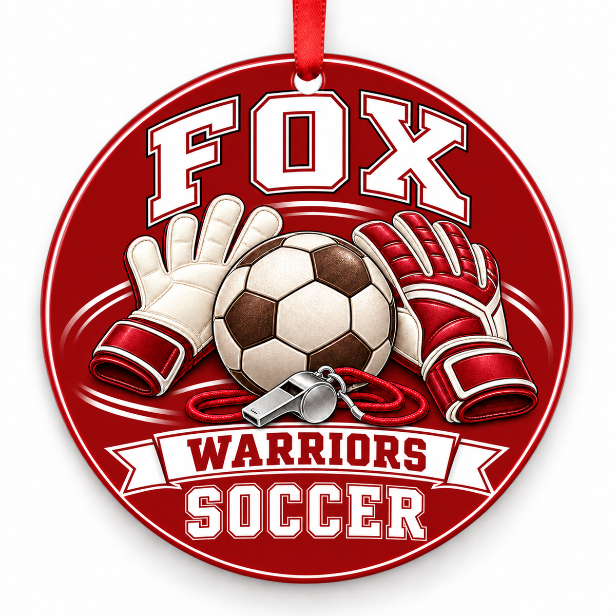 Fox High School Warriors Soccer Christmas ornament — Goalkeeper Gear — red and white with red ribbon
