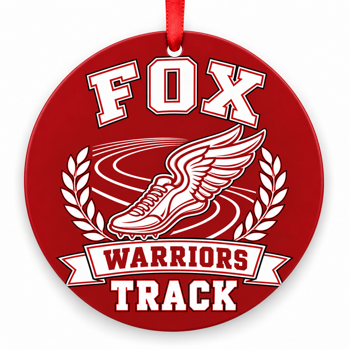 Fox High School Warriors Track Christmas ornament — Original Design — red and white with red ribbon