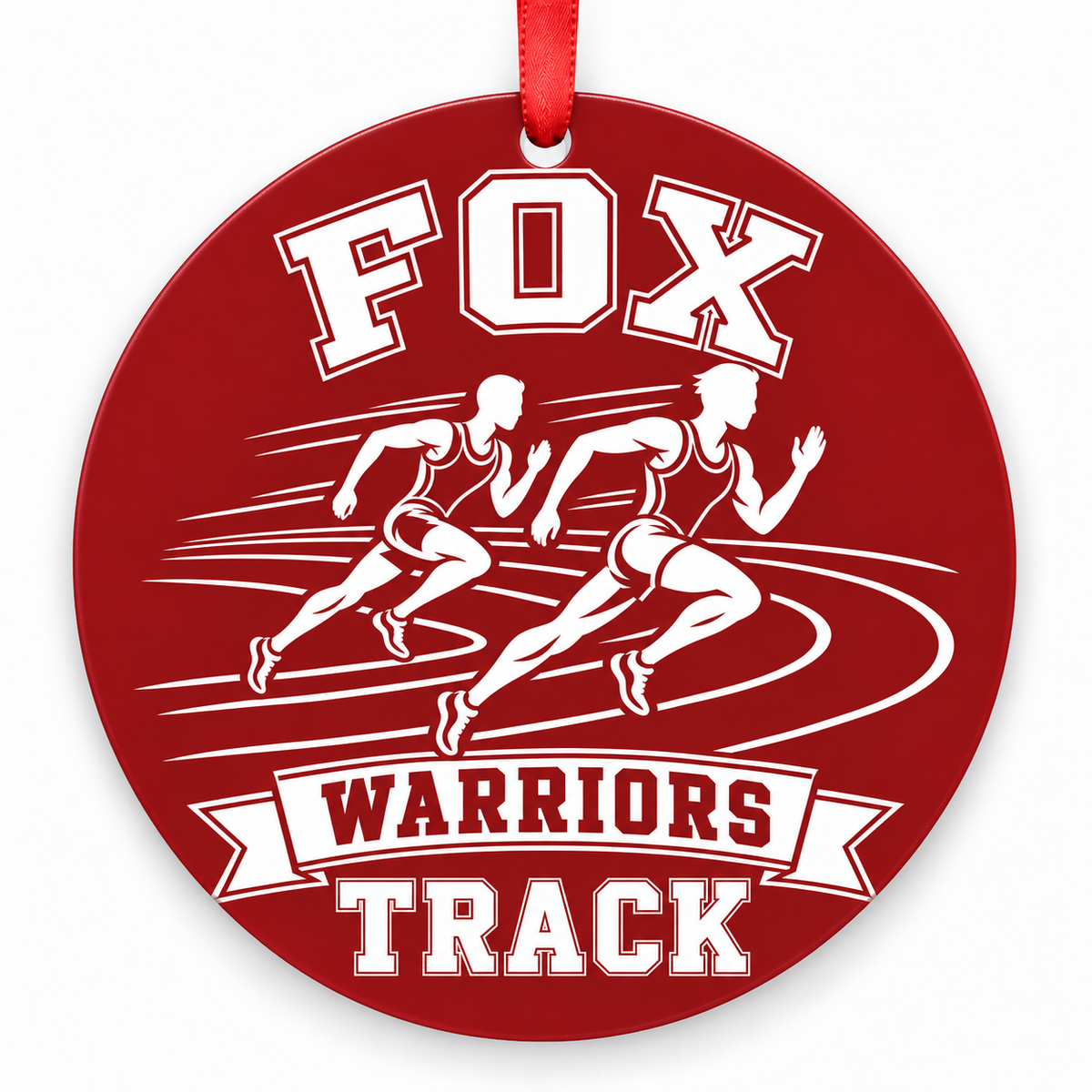 Fox High School Warriors Track Christmas ornament — Runners — red and white with red ribbon