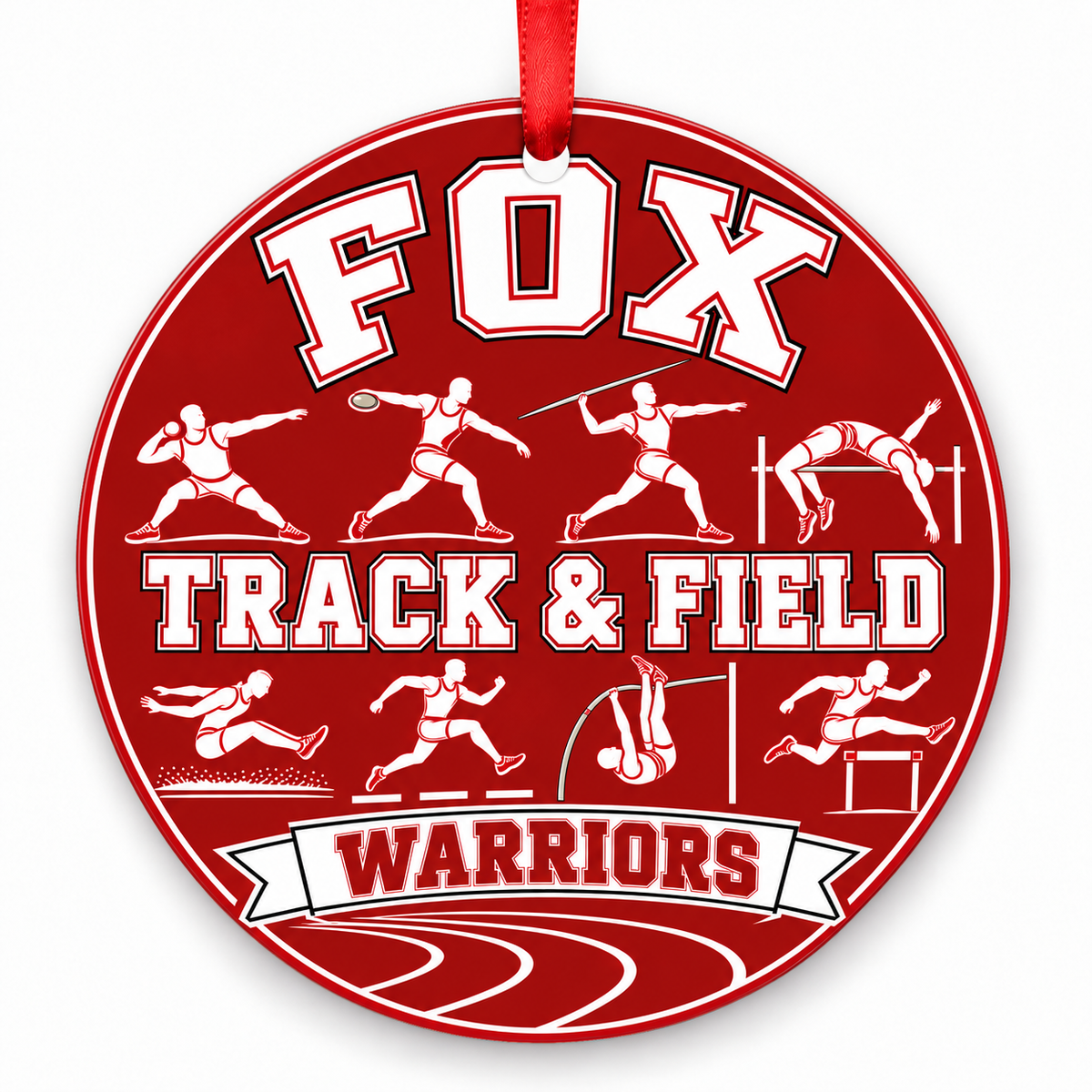 Fox High School Warriors Track Christmas ornament — Track and Field — red and white with red ribbon