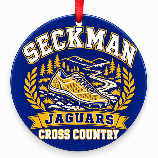 Seckman High School Jaguars Cross Country Christmas ornament — Design 1 — royal blue and gold with red ribbon