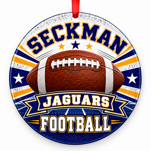 Seckman High School Jaguars Classic Football Christmas ornament in royal blue and gold with red ribbon