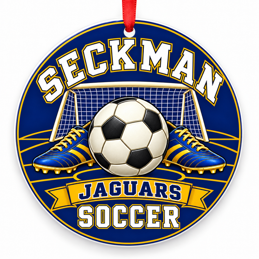 Seckman High School Jaguars Soccer Christmas ornament — Original Design — royal blue and gold with red ribbon