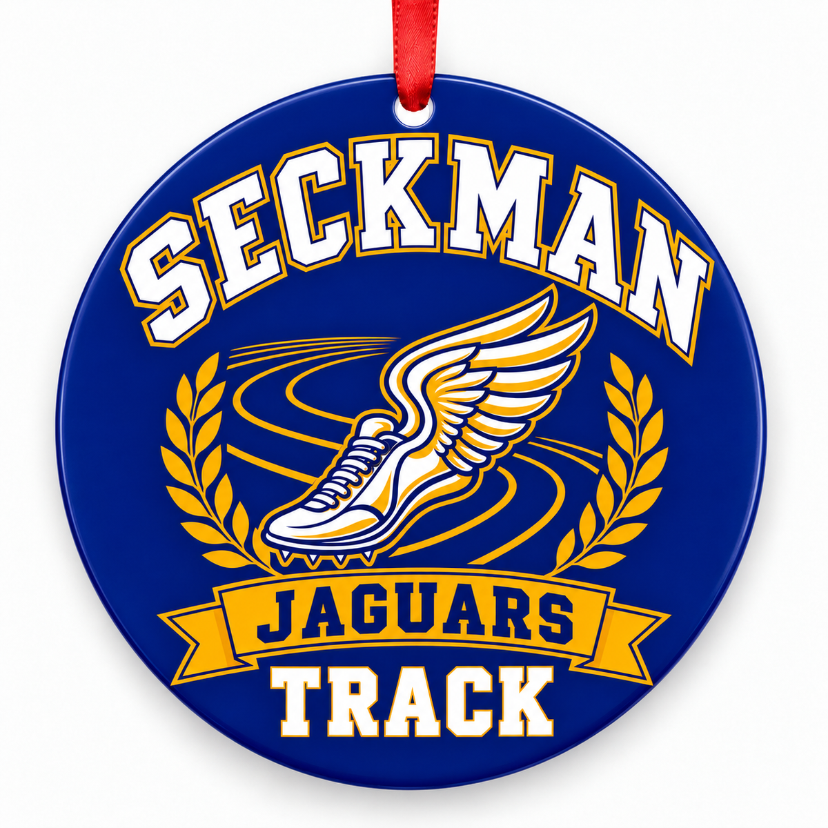 Seckman High School Jaguars Track Christmas ornament — Original Design — royal blue and gold with red ribbon