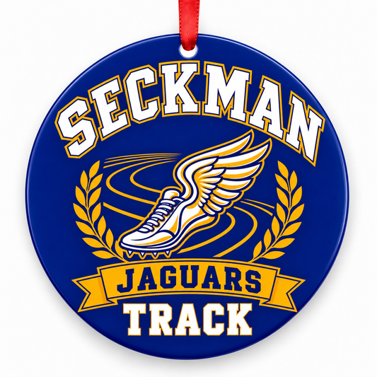 Seckman High School Jaguars Track Christmas ornament — Original Design — royal blue and gold with red ribbon