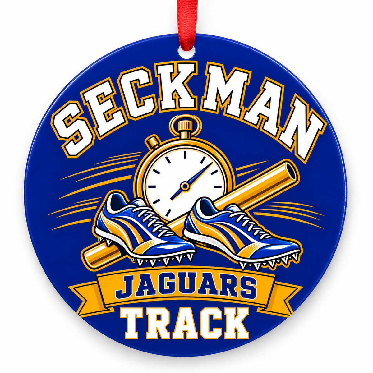 Seckman High School Jaguars Track Christmas ornament — Stopwatch and Spikes — royal blue and gold with red ribbon