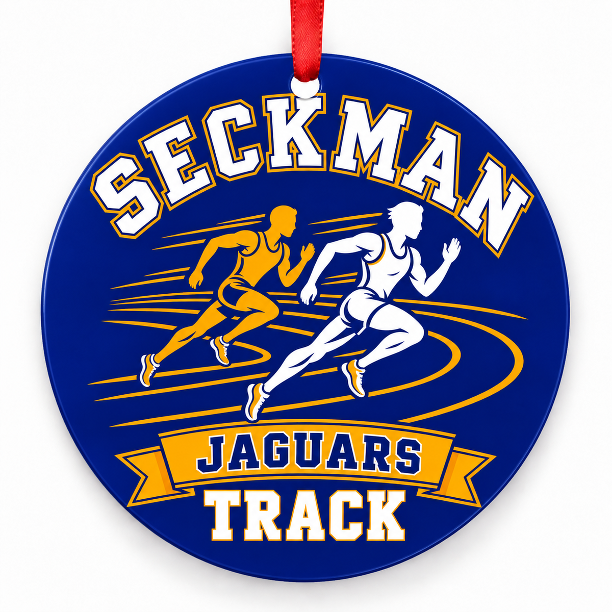 Seckman High School Jaguars Track Christmas ornament — Runners — royal blue and gold with red ribbon