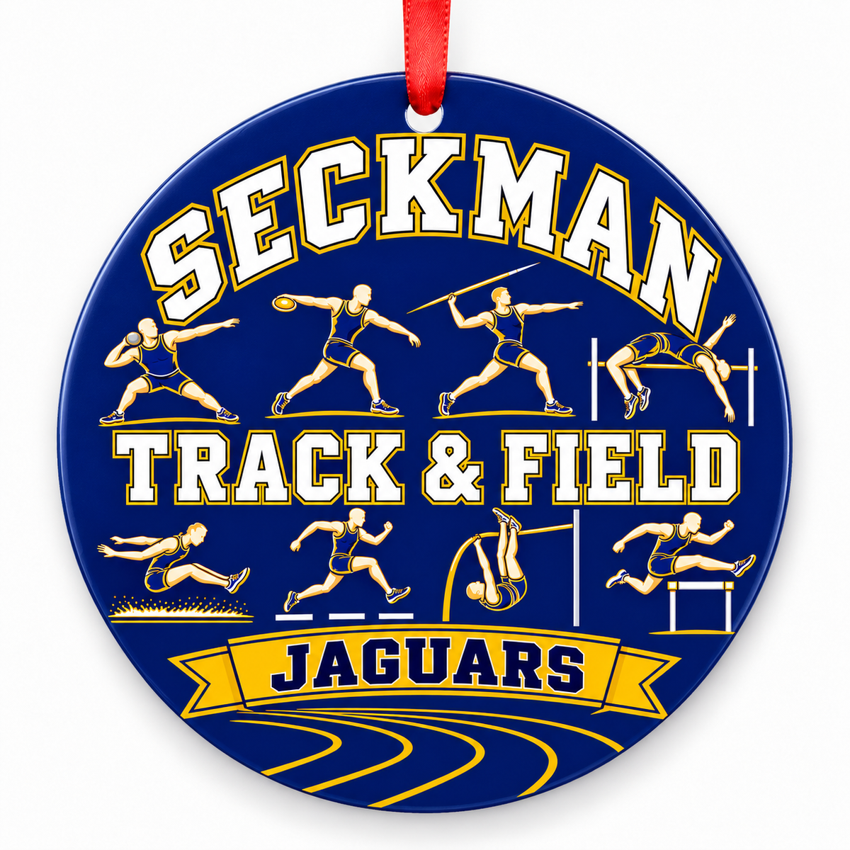 Seckman High School Jaguars Track Christmas ornament — Track and Field — royal blue and gold with red ribbon